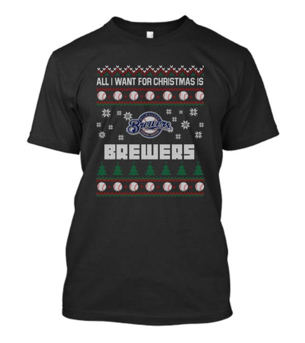 All I Want For Christmas Is Milwaukee Brewers Snowflakes Baseball Tree T-Shirt