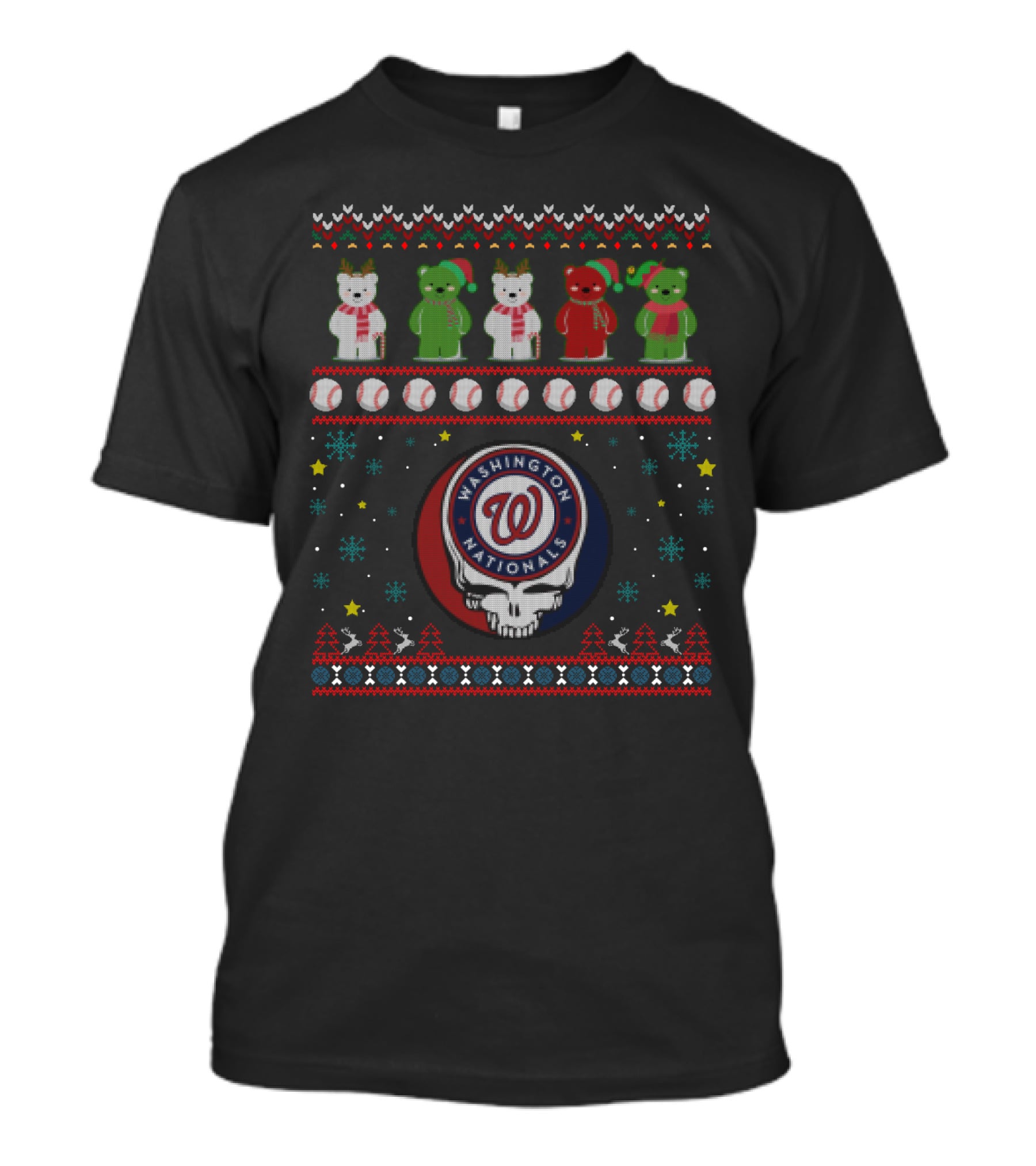 Washington Nationals Christmas Bears And Grateful Dead Skull Holiday T-Shirt
