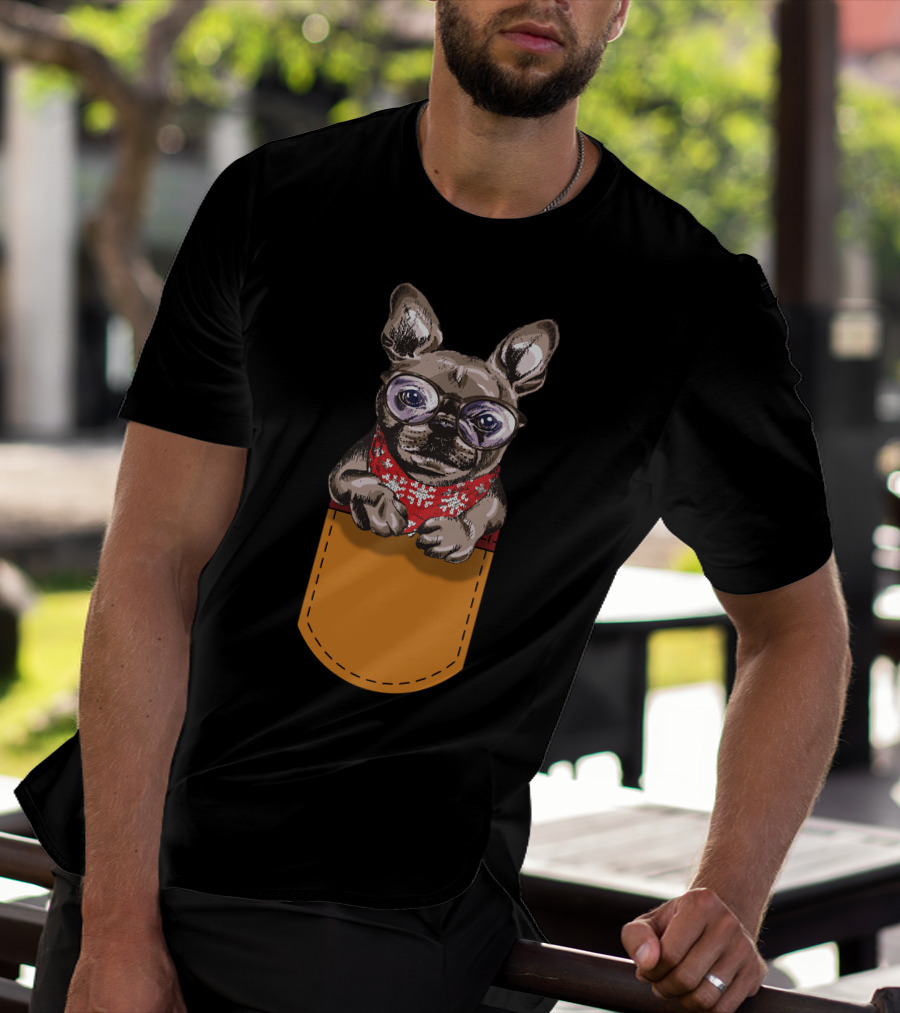 Cool Frenchie France Bulldog In Glasses With Red Scarf In Pocket T-Shirt
