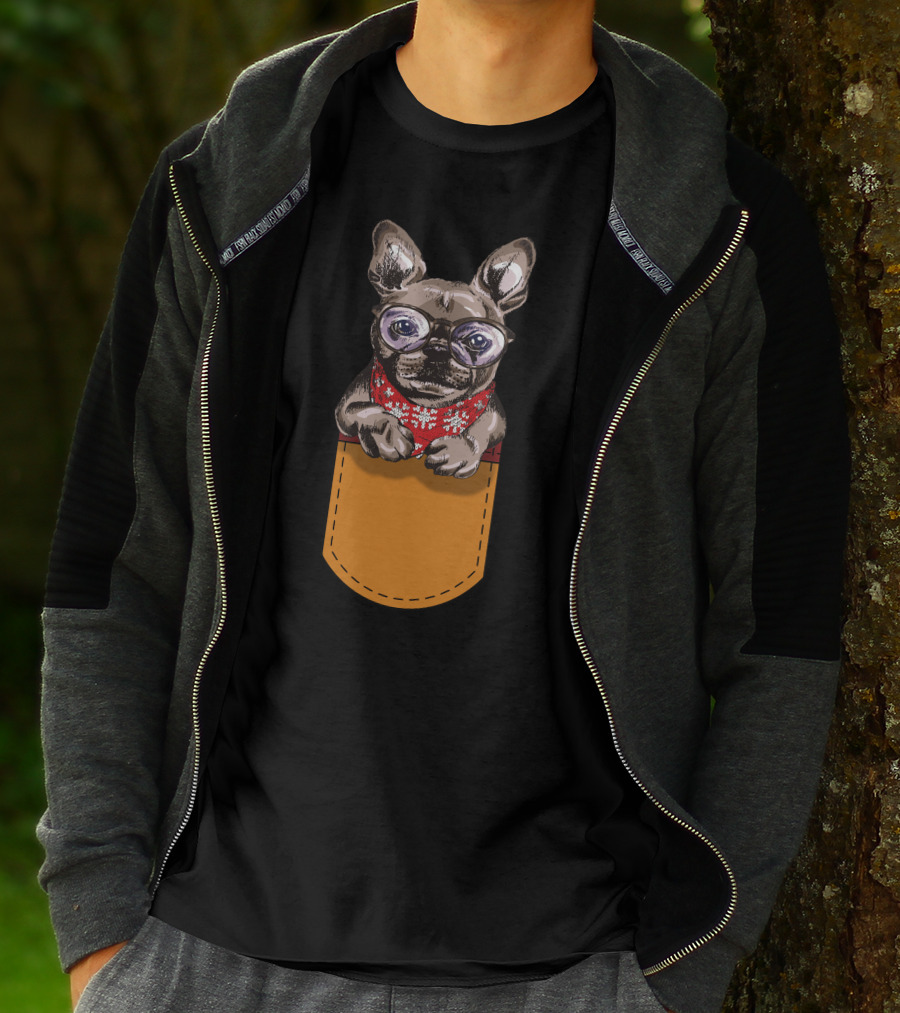 Cool Frenchie France Bulldog In Glasses With Red Scarf In Pocket T-Shirt