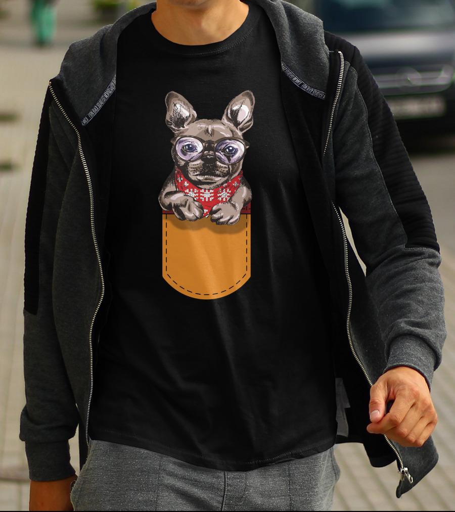 Cool Frenchie France Bulldog In Glasses With Red Scarf In Pocket T-Shirt