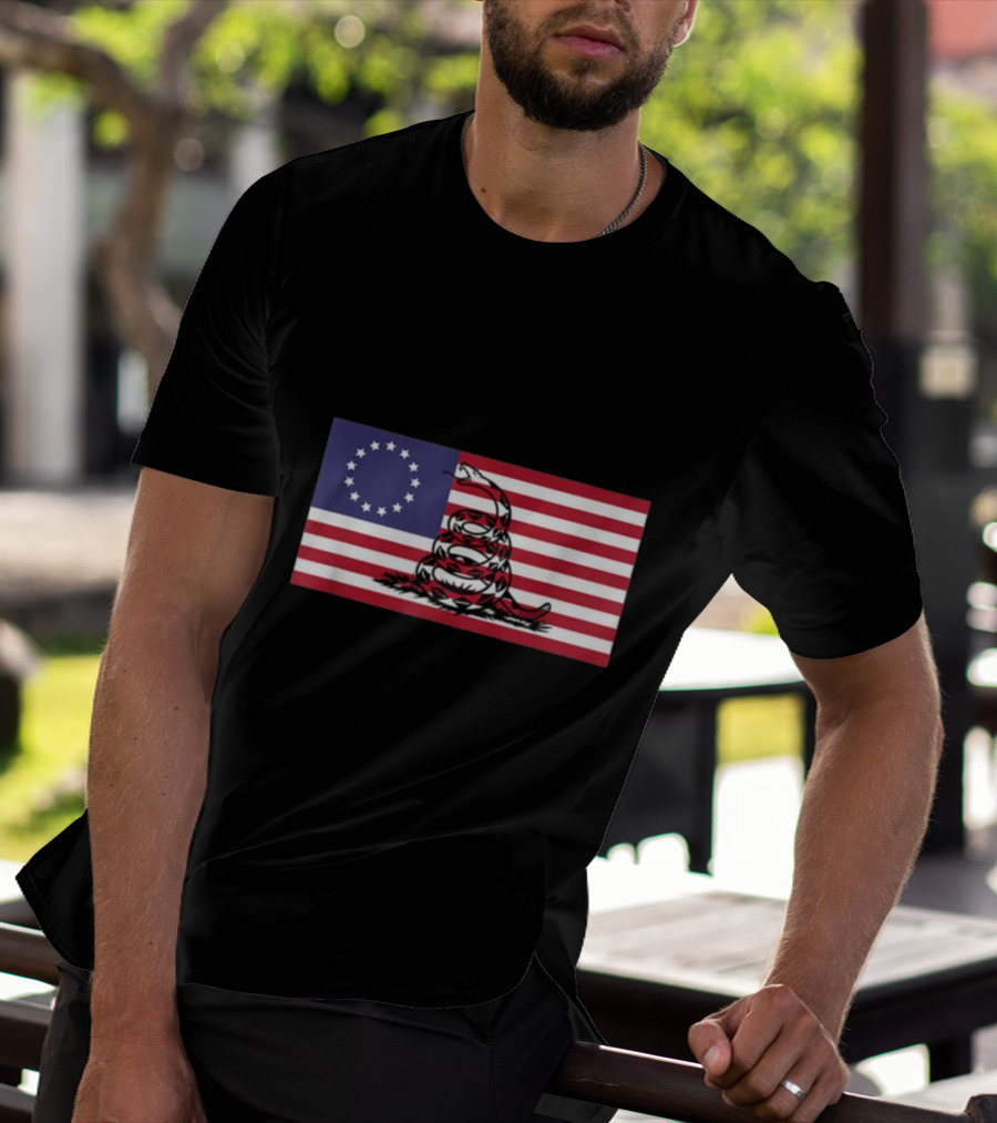 Betsy Ross Flag Combined With Gadsden Snake Icon 13 Star Colonial American Symbolism T-Shirt