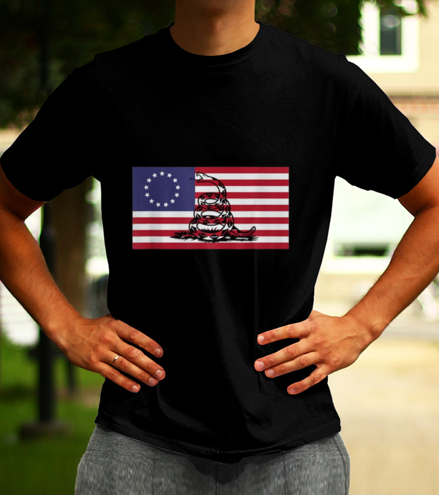 Betsy Ross Flag Combined With Gadsden Snake Icon 13 Star Colonial American Symbolism T-Shirt