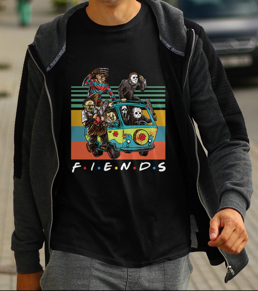 Fiends TV Show Horror Movie Characters Parody With Freddy Jason Scream Driving Scooby-Doo Van T-Shirt