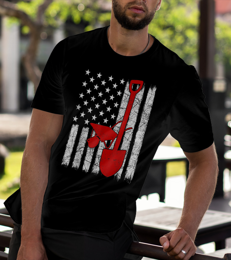 American Flag Garden Tools Wheelbarrow Shovel T-Shirt