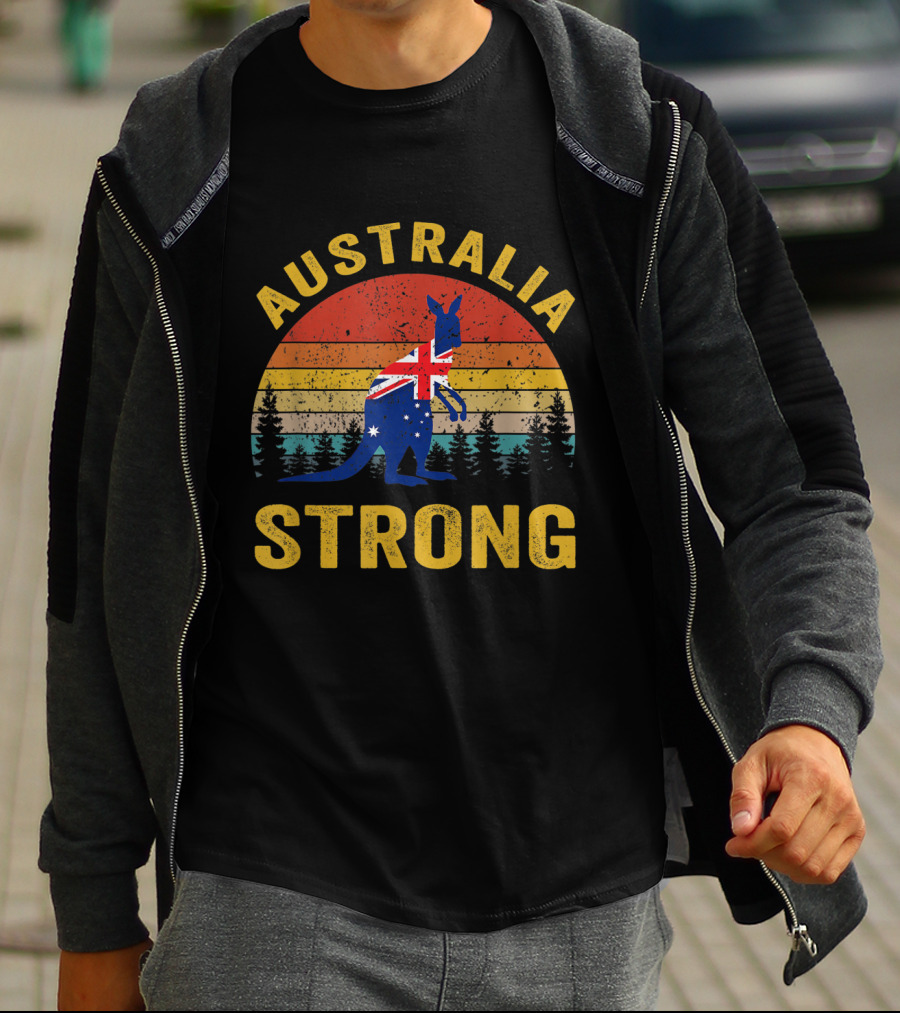 Australia Strong Kangaroo Flag Sunset Forest Scene T-Shirt