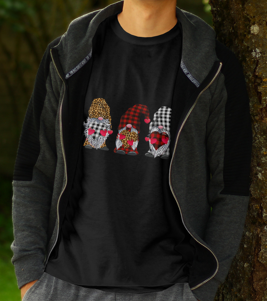 Three Gnomes Leopard Buffalo Plaid Hearts Valentines T-Shirt