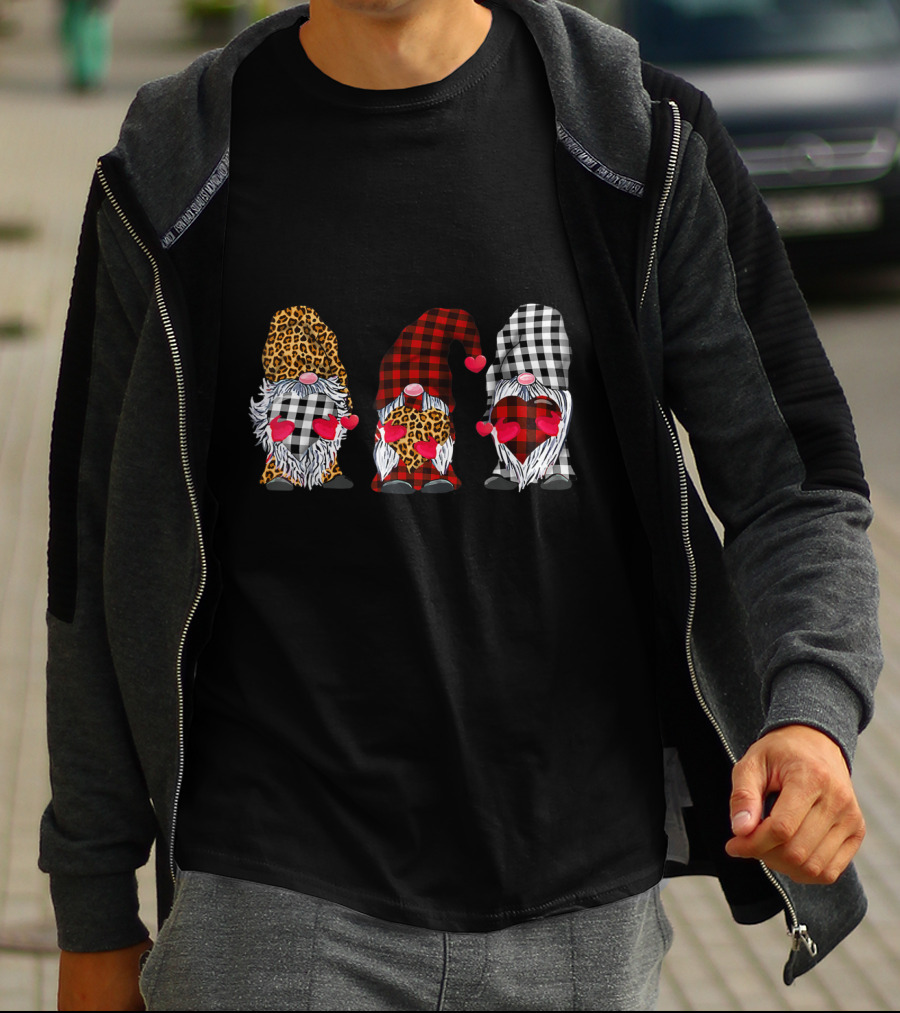 Three Gnomes Leopard Buffalo Plaid Hearts Valentines T-Shirt