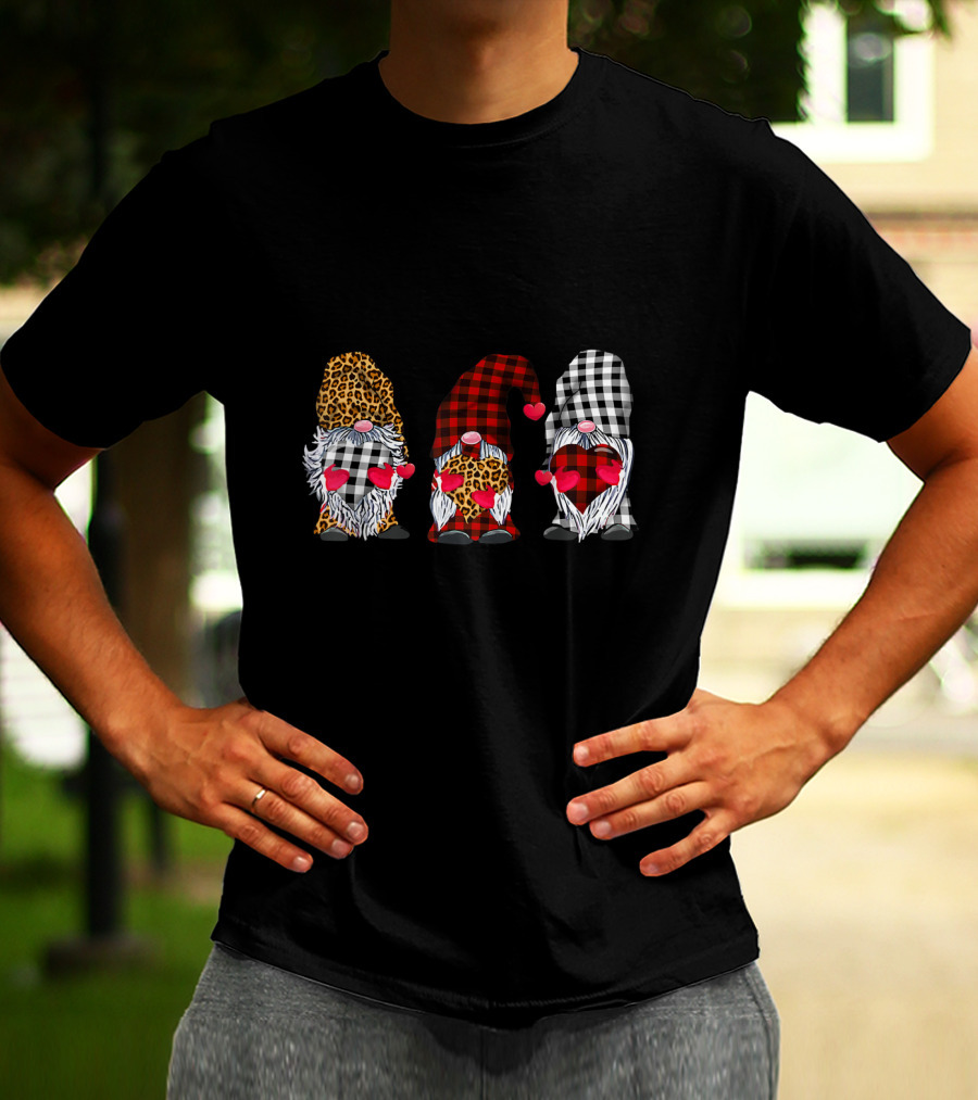 Three Gnomes Leopard Buffalo Plaid Hearts Valentines T-Shirt