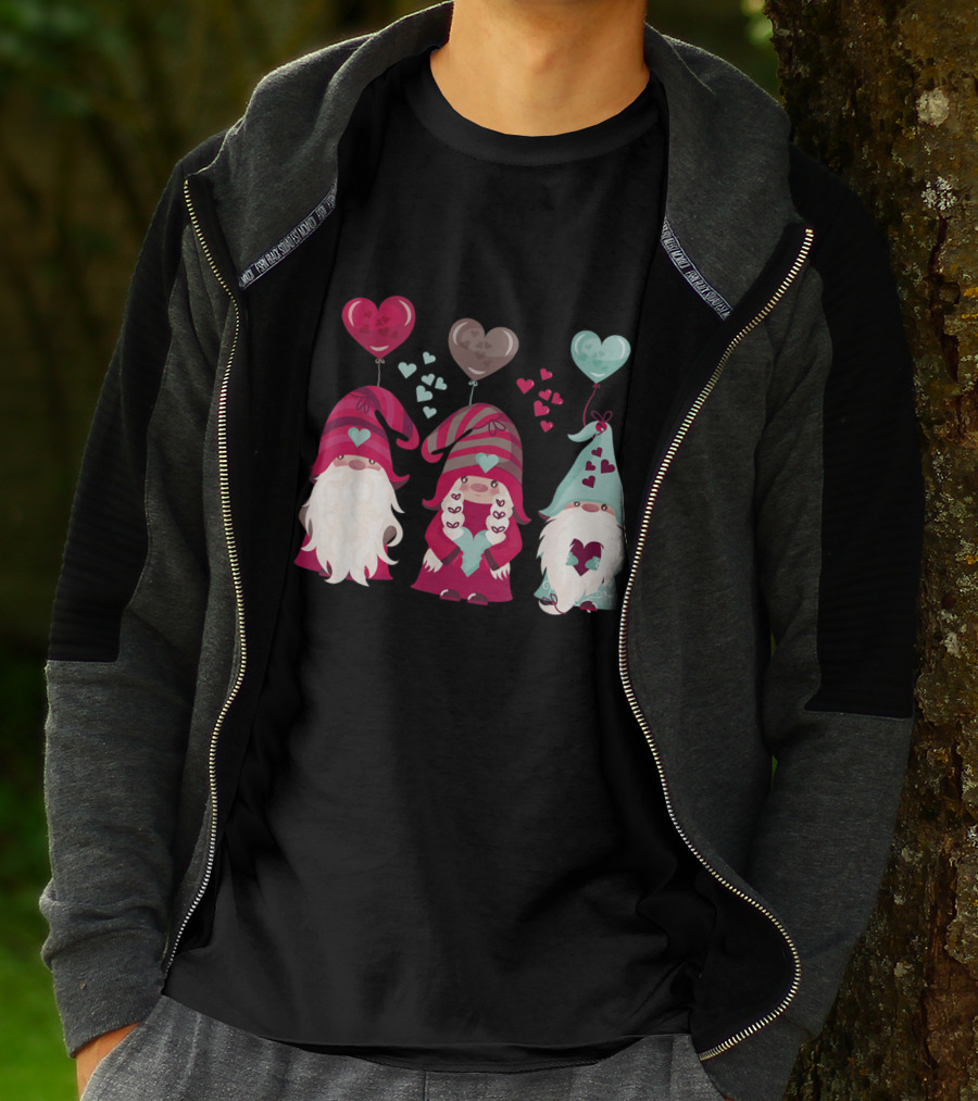 Three Gnomes With Heart Balloons Valentines T-Shirt