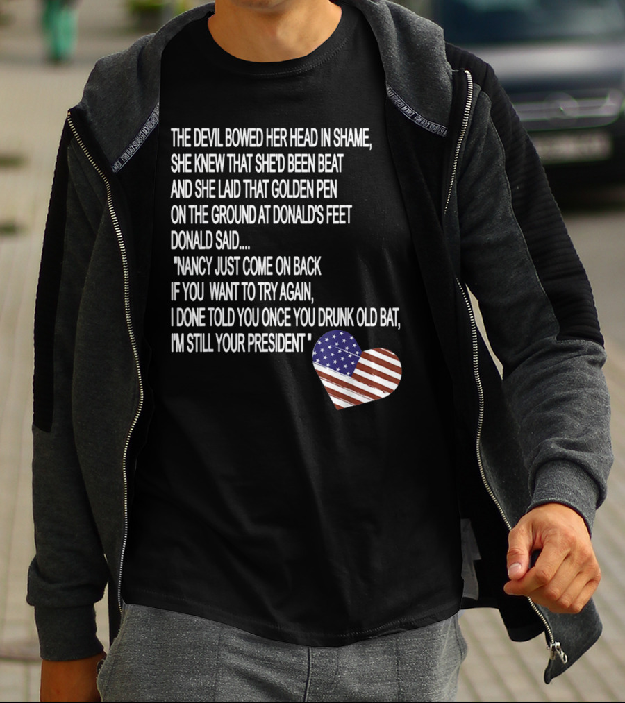 Impeachment Hoax Nancy Pelosi Poem The Devil Bowed Her Head With American Flag Heart T-Shirt