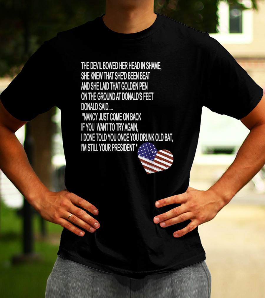 Impeachment Hoax Nancy Pelosi Poem The Devil Bowed Her Head With American Flag Heart T-Shirt