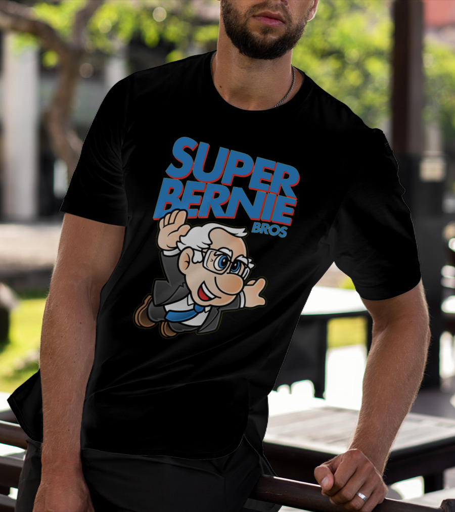 Super Bernie Bros Flying Cartoon Character In Blue Suit And Glasses Iconic T-Shirt
