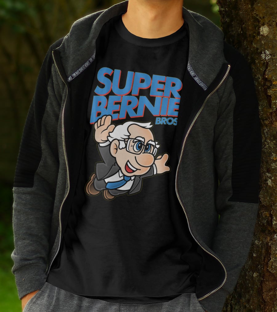 Super Bernie Bros Flying Cartoon Character In Blue Suit And Glasses Iconic T-Shirt