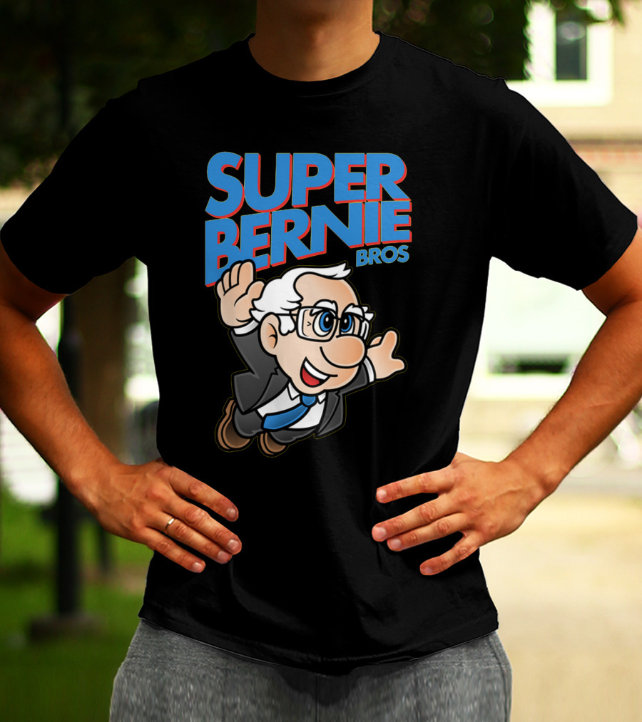 Super Bernie Bros Flying Cartoon Character In Blue Suit And Glasses Iconic T-Shirt