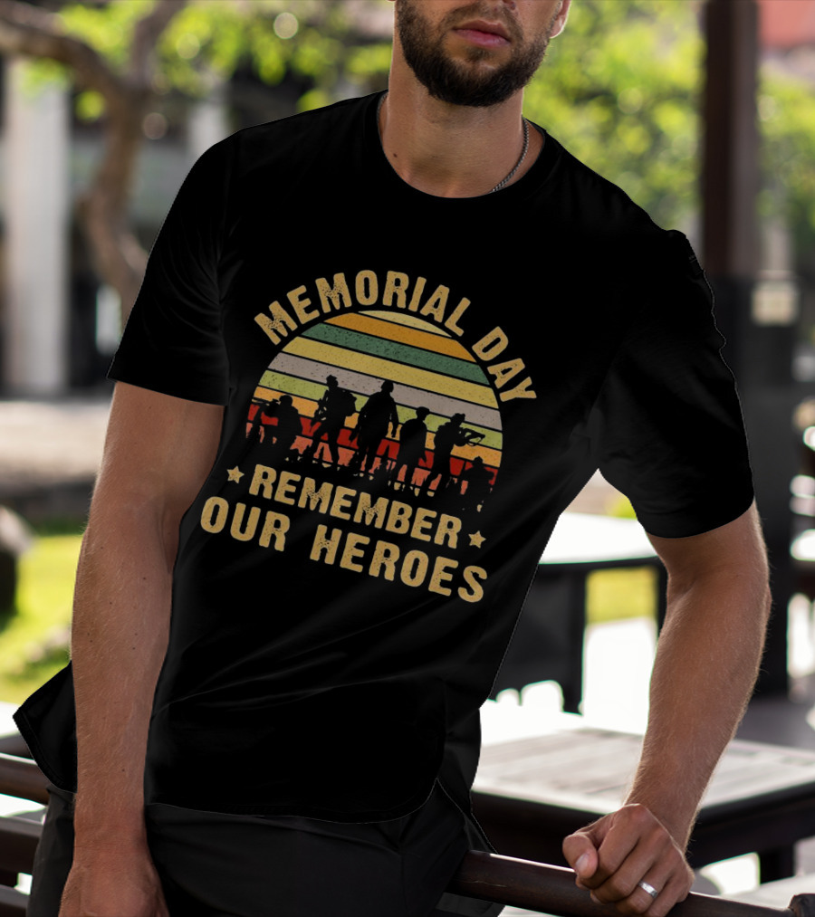Memorial Day Remember Our Heroes Silhouette Vintage Stripes T-Shirt