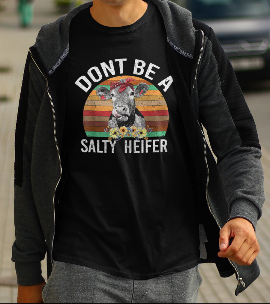 DONT BE A SALTY HEIFER Vintage Sunset Cow With Flowers T-Shirt