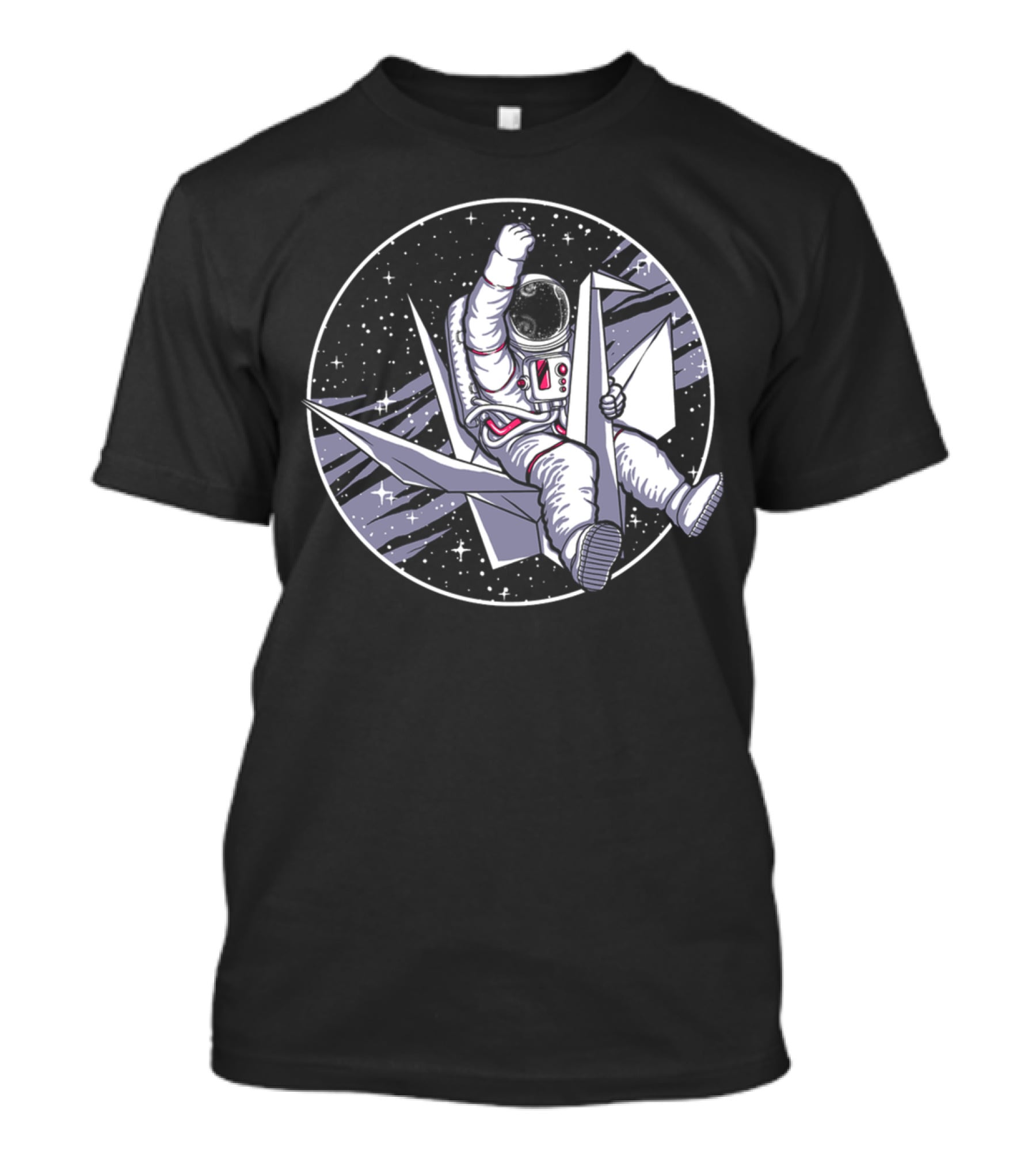 Astronaut Riding Origami Crane In Space Scene T-Shirt