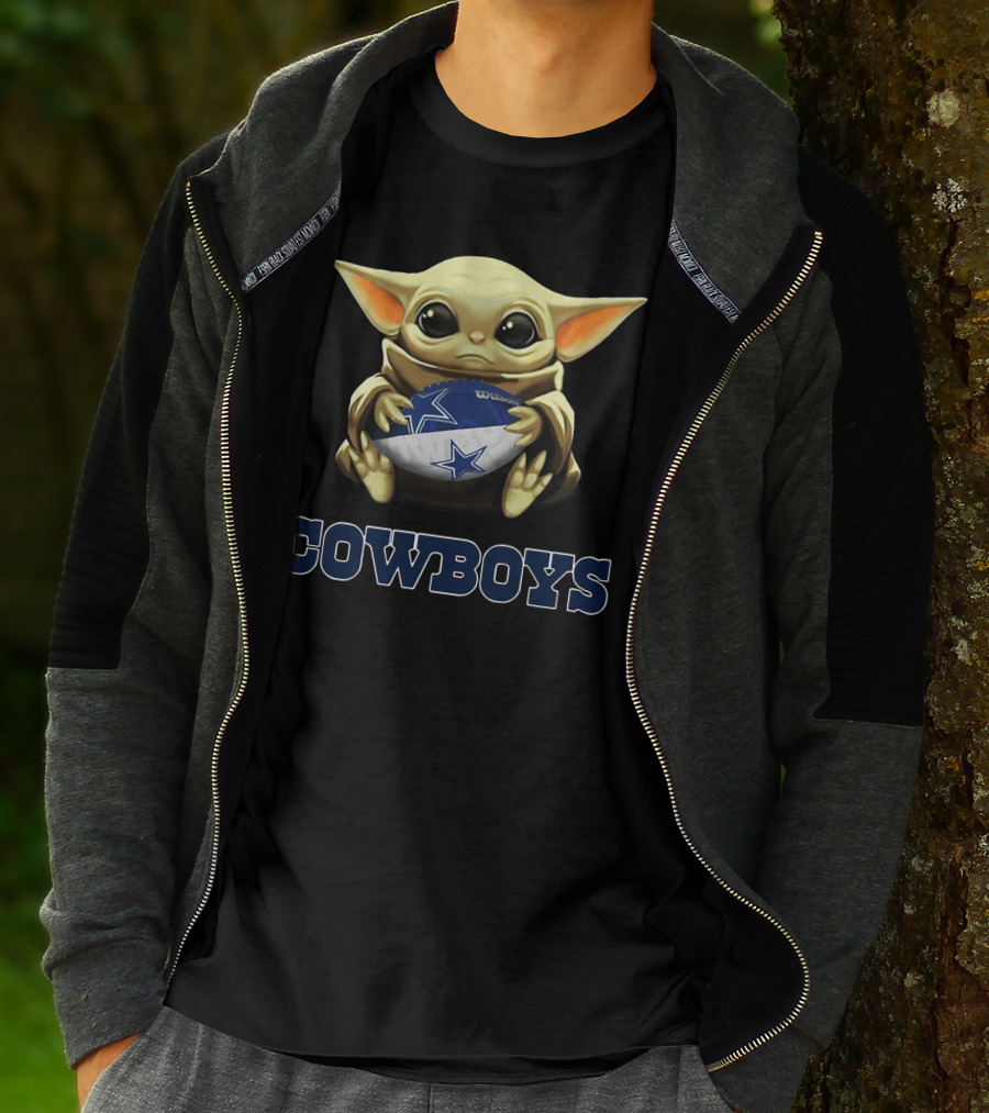 Cowboys Baby Yoda Holding Football Star Wars Crossover T-Shirt