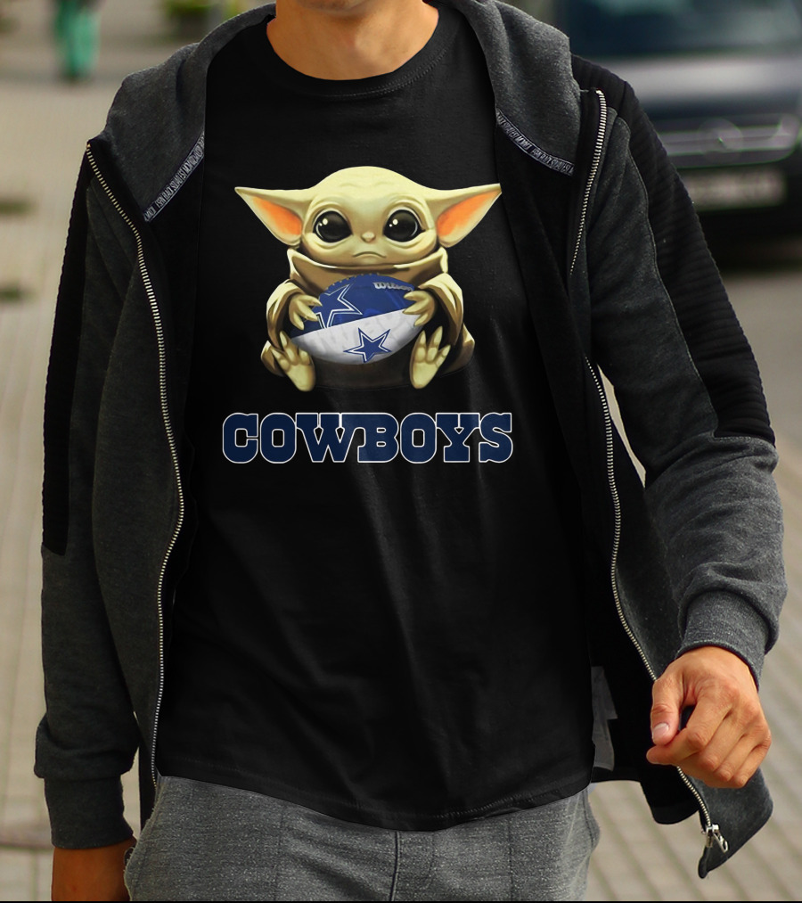 Cowboys Baby Yoda Holding Football Star Wars Crossover T-Shirt