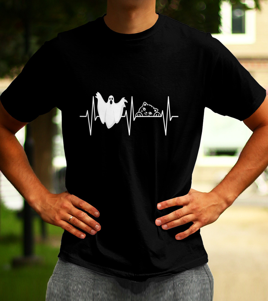 Cats Paranormal Ghost Hunting With Heartbeat Line And Ghostly Cat T-Shirt