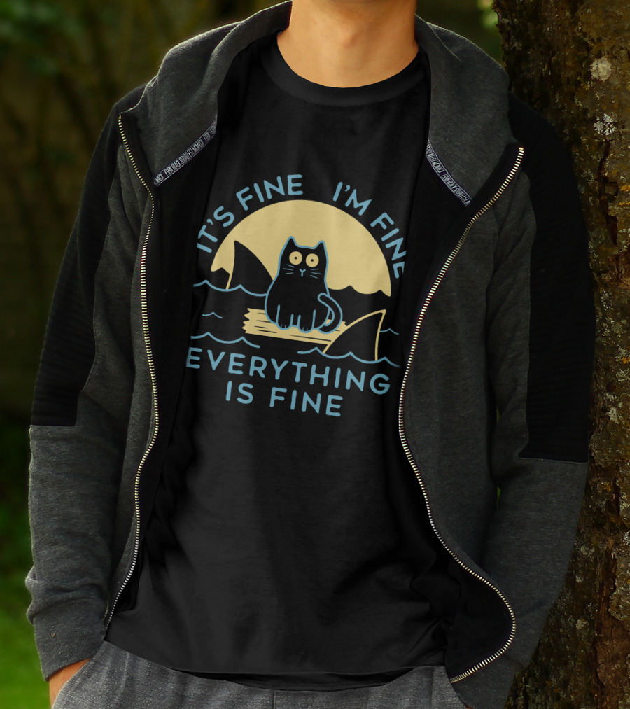 It's Fine I'm Fine Everything Is Fine Cat On Raft With Sharks In Water Sunset T-Shirt