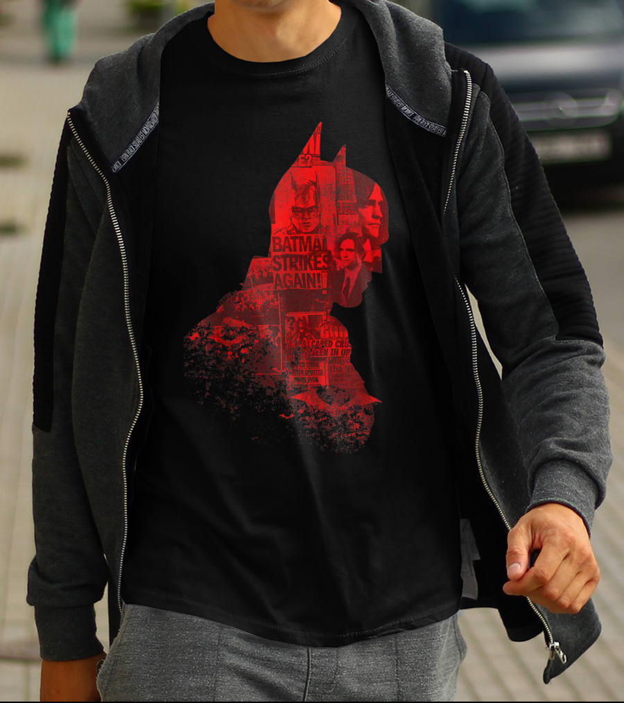Batman Strikes Again Silhouette Collage Newspaper Headlines T-Shirt