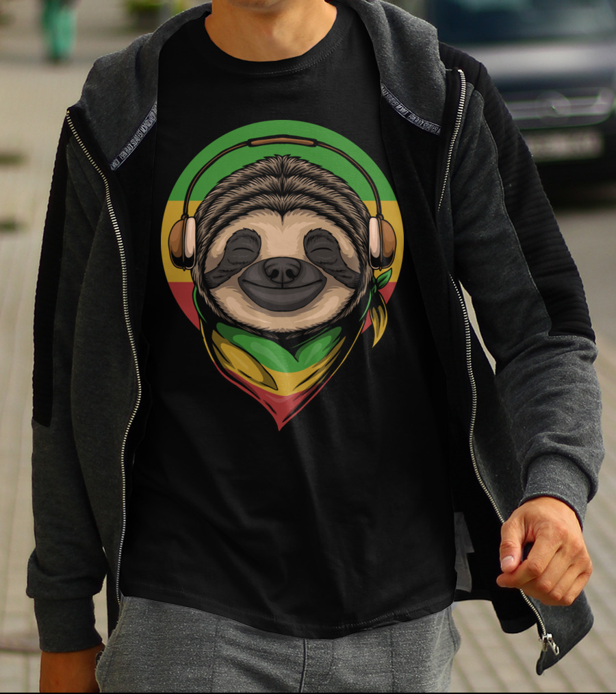 Sloth Rasta Headphones Rasta Colors T-Shirt