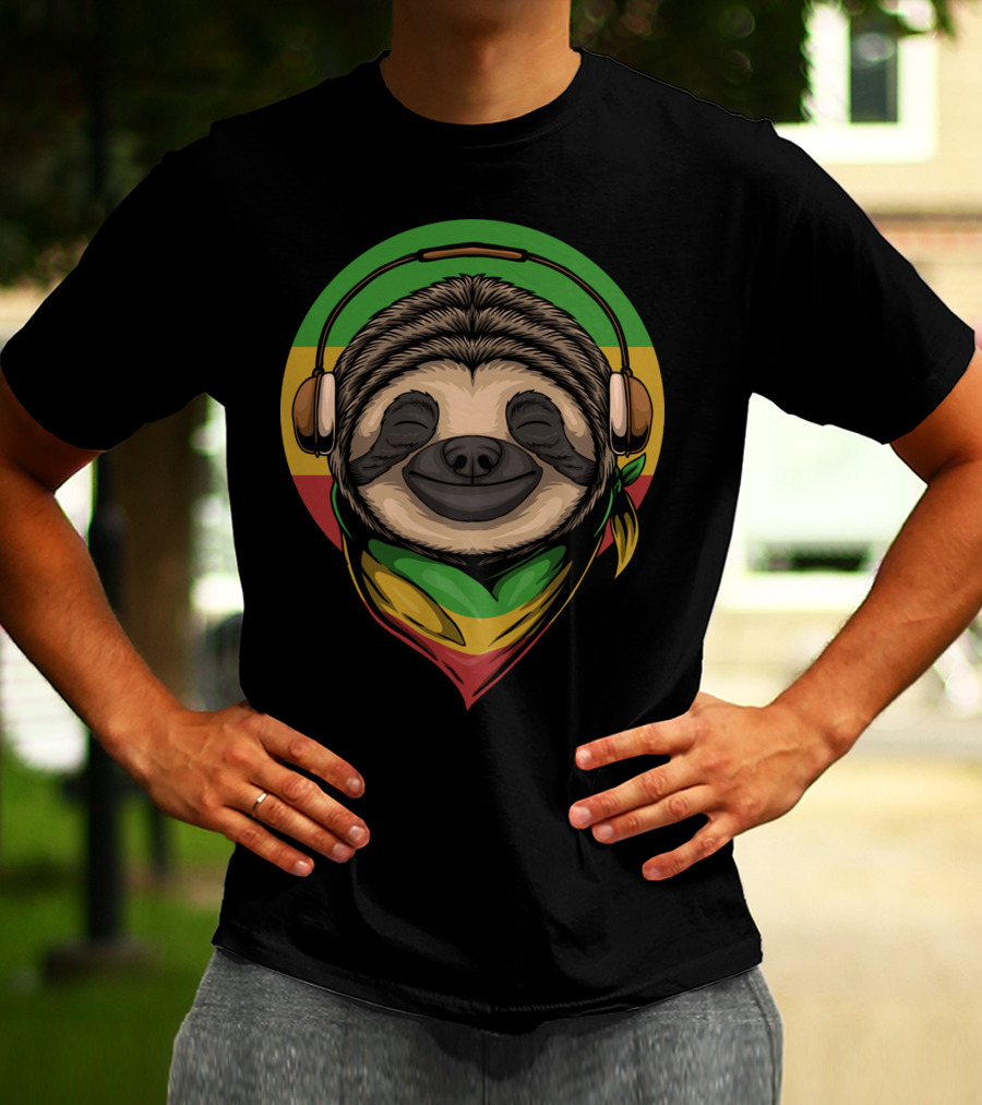 Sloth Rasta Headphones Rasta Colors T-Shirt