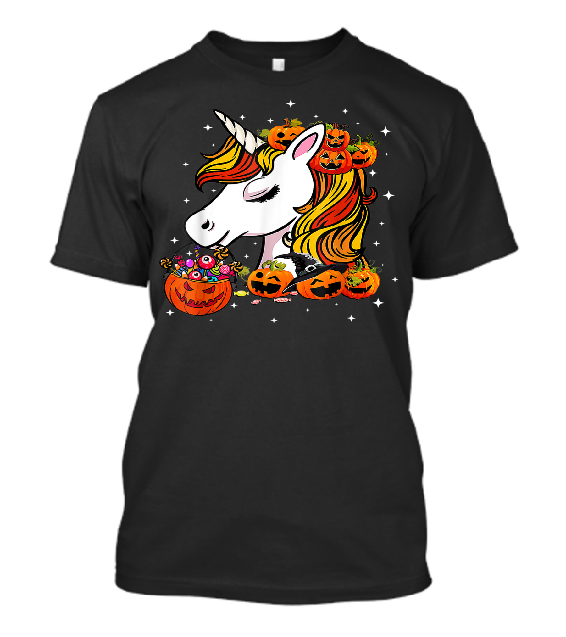 Candy Corn Unicorn Surrounded By Jack-O-Lanterns And Candy-Eyed Treats Halloween T-Shirt