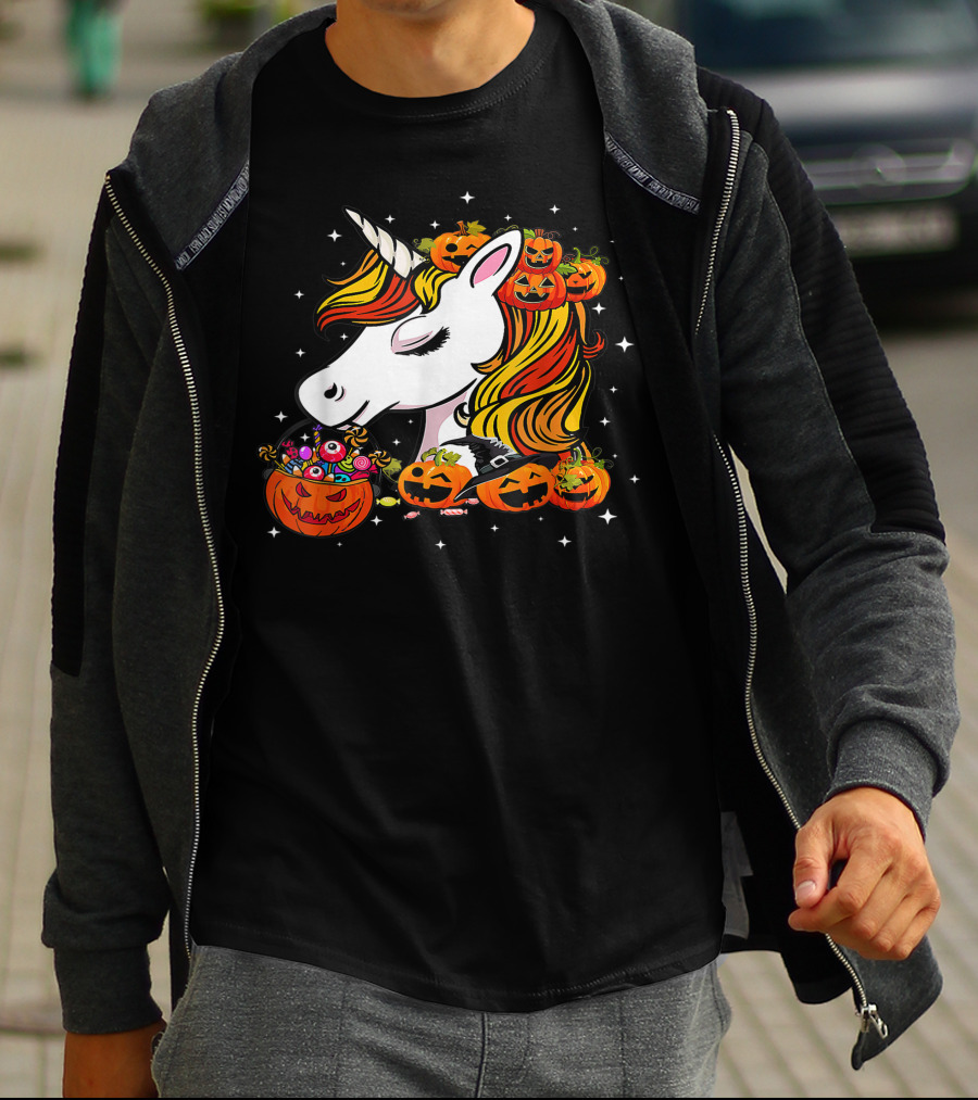 Candy Corn Unicorn Surrounded By Jack-O-Lanterns And Candy-Eyed Treats Halloween T-Shirt