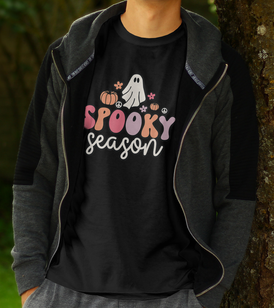 Groovy Ghost Spooky Season With Pumpkins Peace Flowers T-Shirt