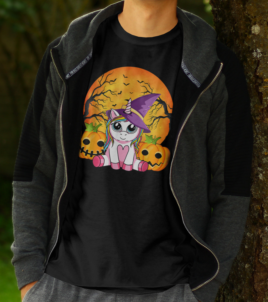Witchy Unicorn Halloween With Pumpkins And Full Moon T-Shirt