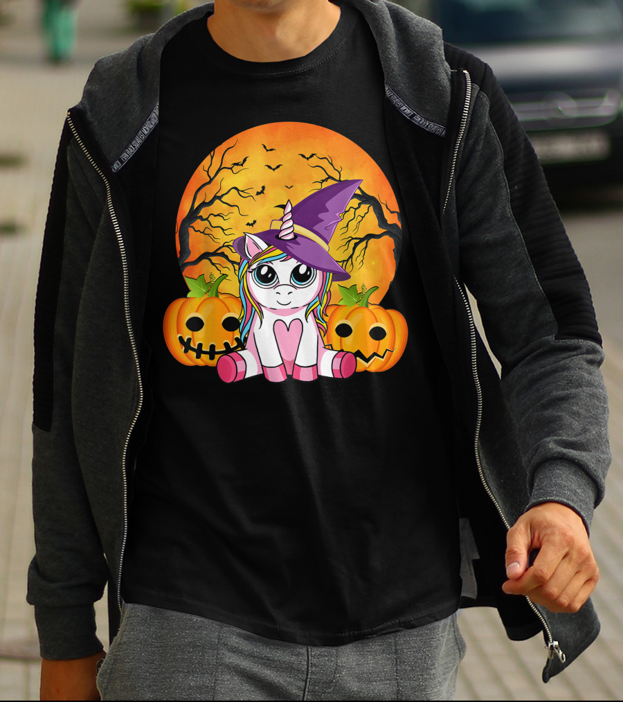 Witchy Unicorn Halloween With Pumpkins And Full Moon T-Shirt