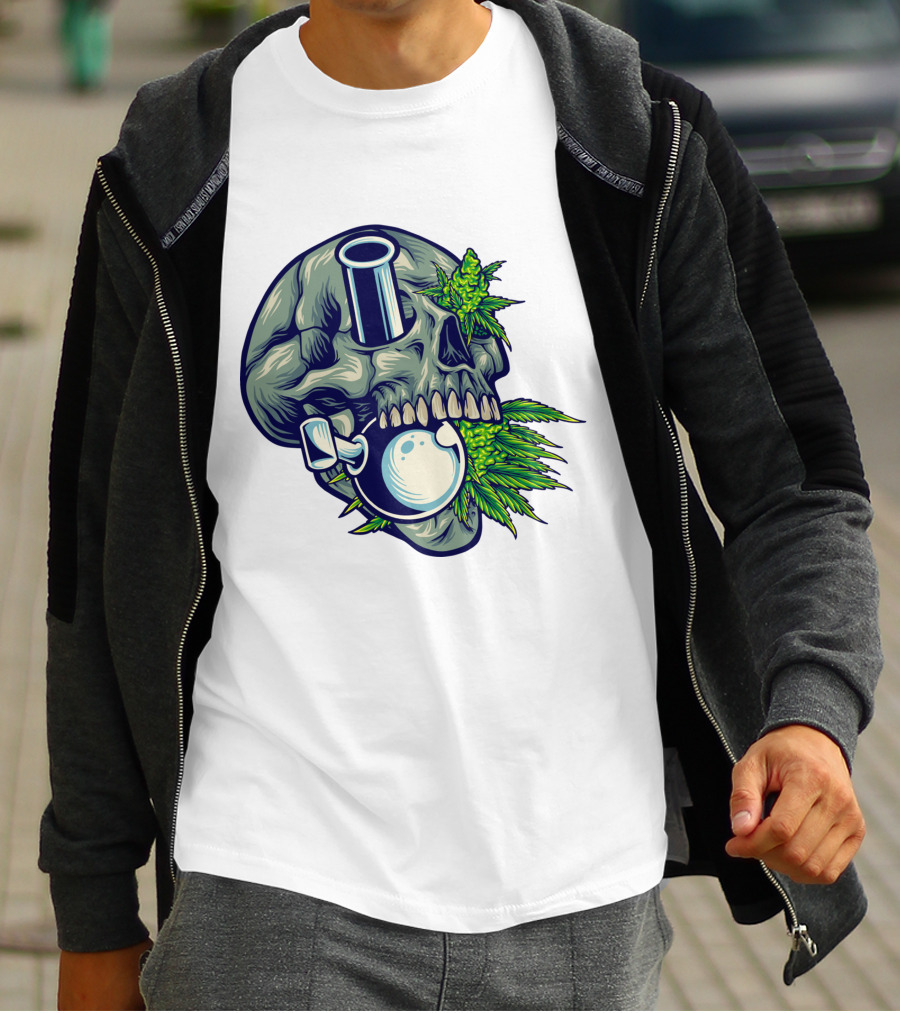 Stone Skull Cannabis Bong With Leaf Accents T-Shirt