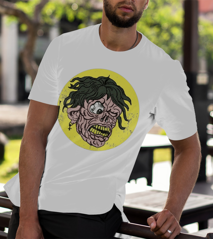 Rebel Zombie Grinning Undead Head With Cross Earring On Yellow Circle T-Shirt