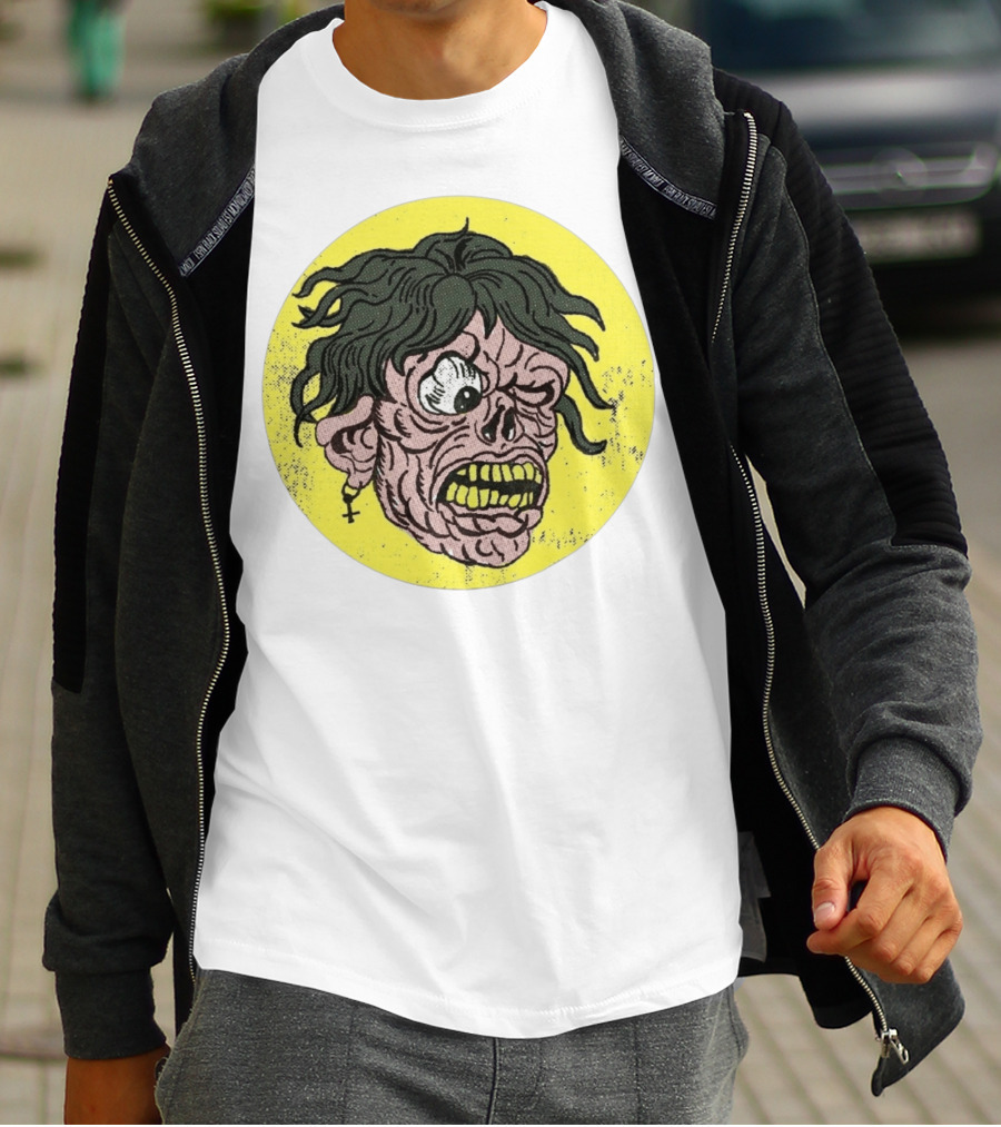 Rebel Zombie Grinning Undead Head With Cross Earring On Yellow Circle T-Shirt