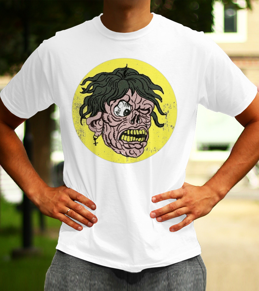 Rebel Zombie Grinning Undead Head With Cross Earring On Yellow Circle T-Shirt