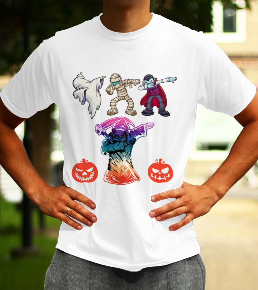 Halloween Dabbing Trick Or Treat Ghost Mummy Vampire Grim Reaper Pumpkins T-Shirt