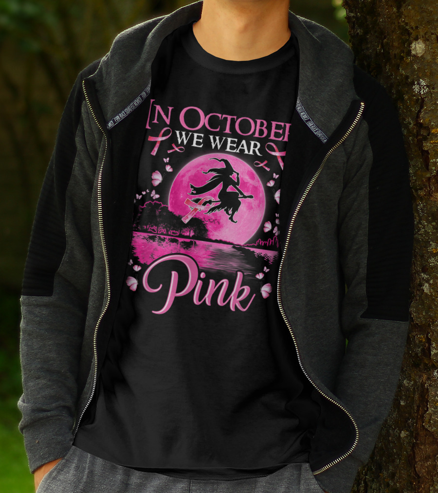 In October We Wear Pink Witch And Moon Breast Cancer Awareness T-Shirt