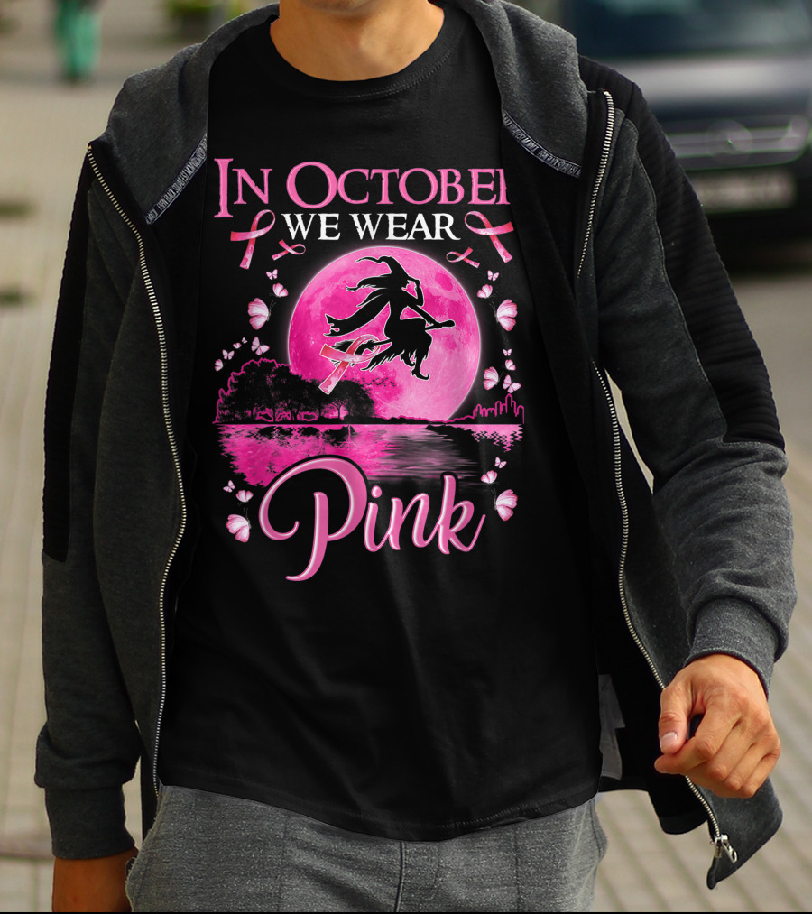 In October We Wear Pink Witch And Moon Breast Cancer Awareness T-Shirt