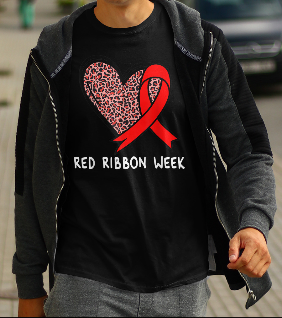 Red Ribbon Week Leopard Print Heart T-Shirt