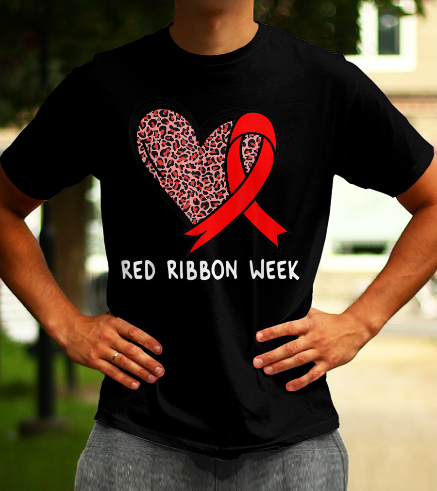 Red Ribbon Week Leopard Print Heart T-Shirt