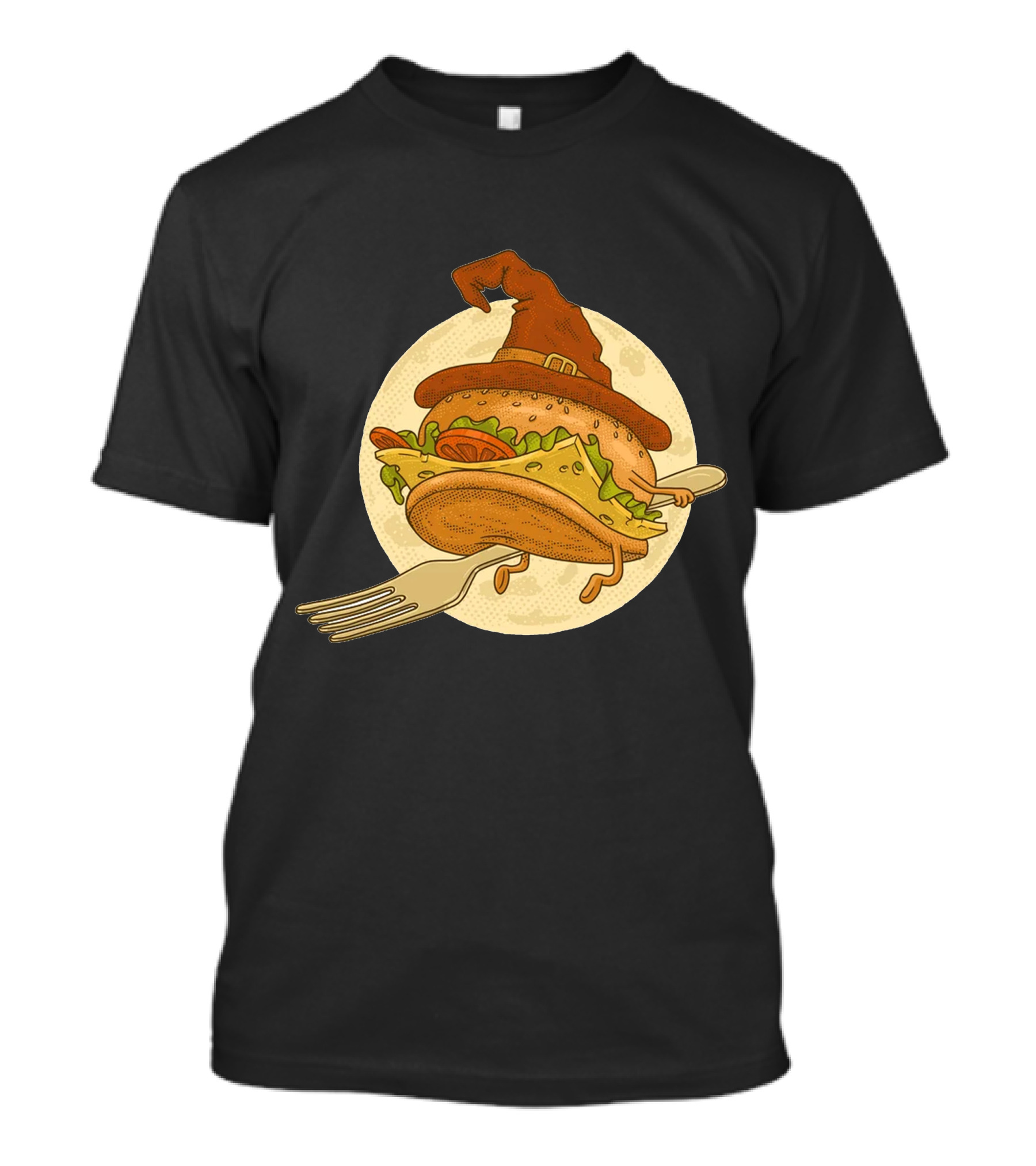 Hamburger With Witch Hat Riding A Fork In Front Of Full Moon T-Shirt