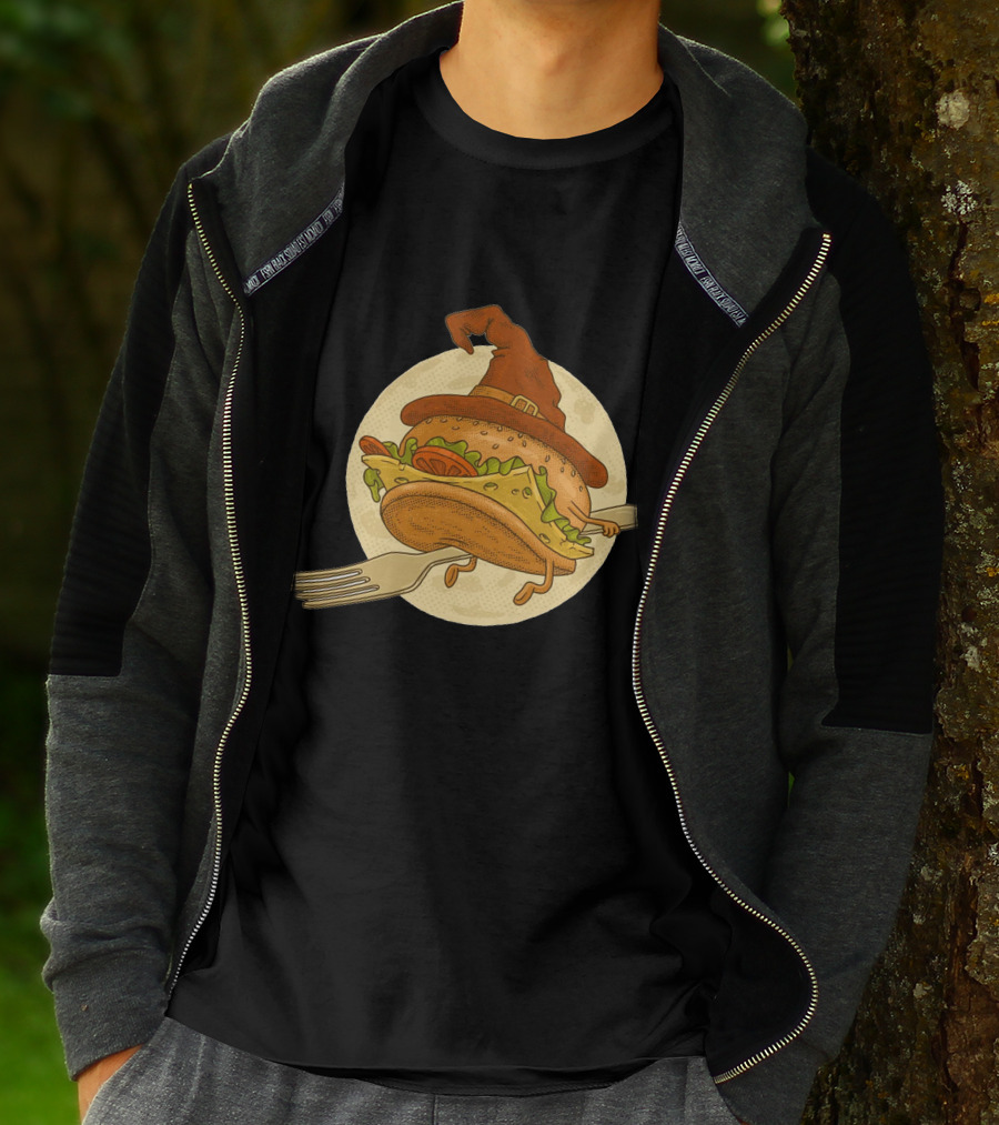 Hamburger With Witch Hat Riding A Fork In Front Of Full Moon T-Shirt