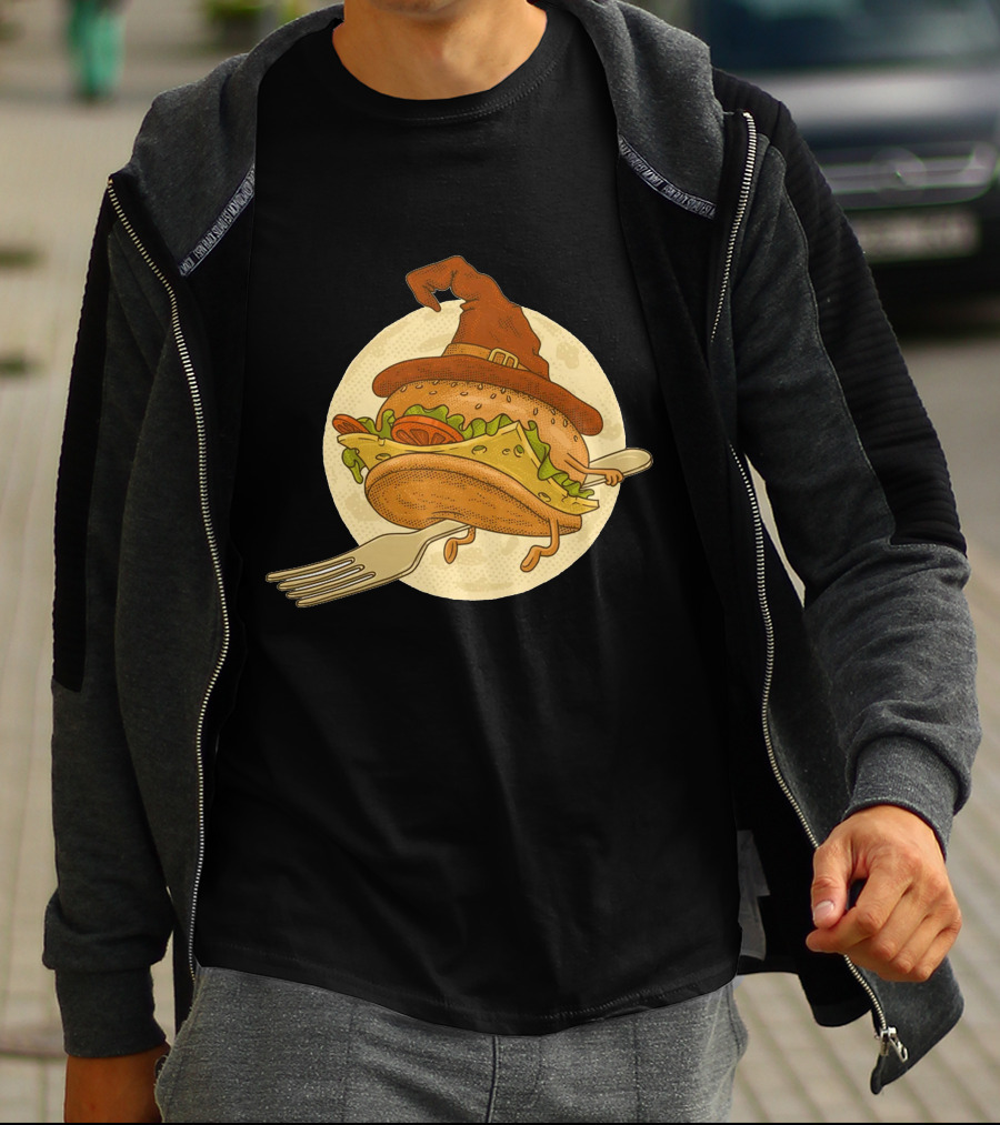 Hamburger With Witch Hat Riding A Fork In Front Of Full Moon T-Shirt