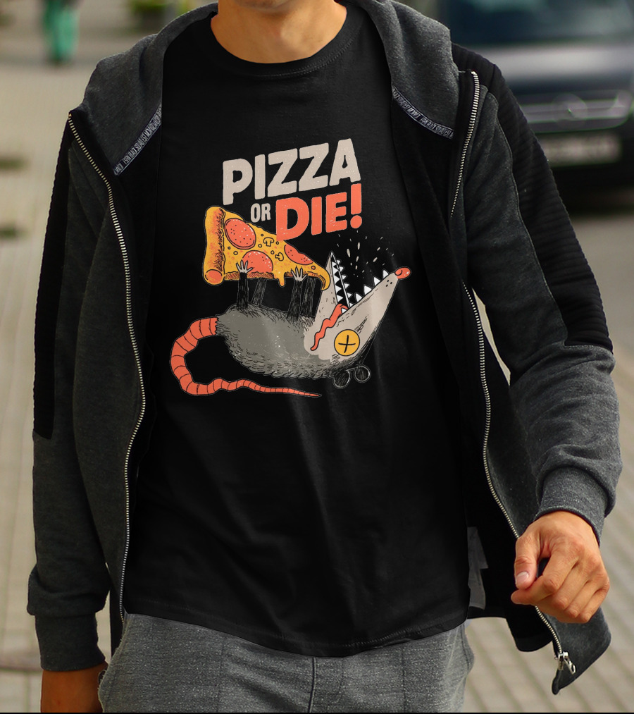 Pizza Or Die Rat Holding Pepperoni Slice T-Shirt