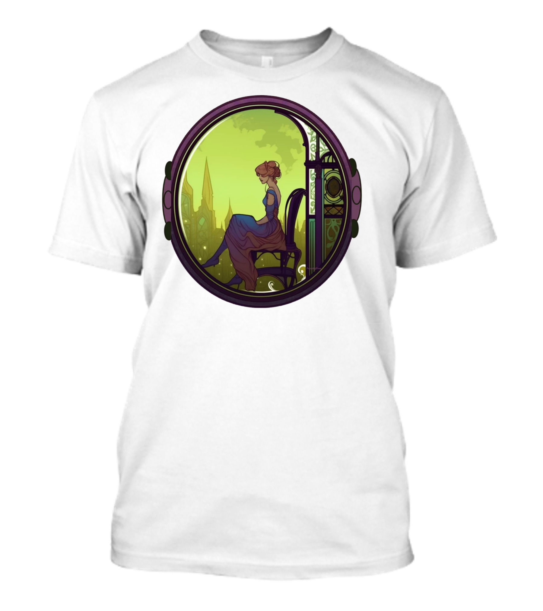 Mysterious Pensive Woman In Enchanted Gothic Cityscape T-Shirt