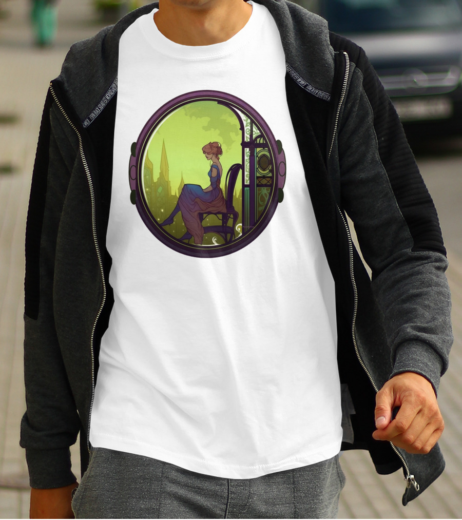 Mysterious Pensive Woman In Enchanted Gothic Cityscape T-Shirt