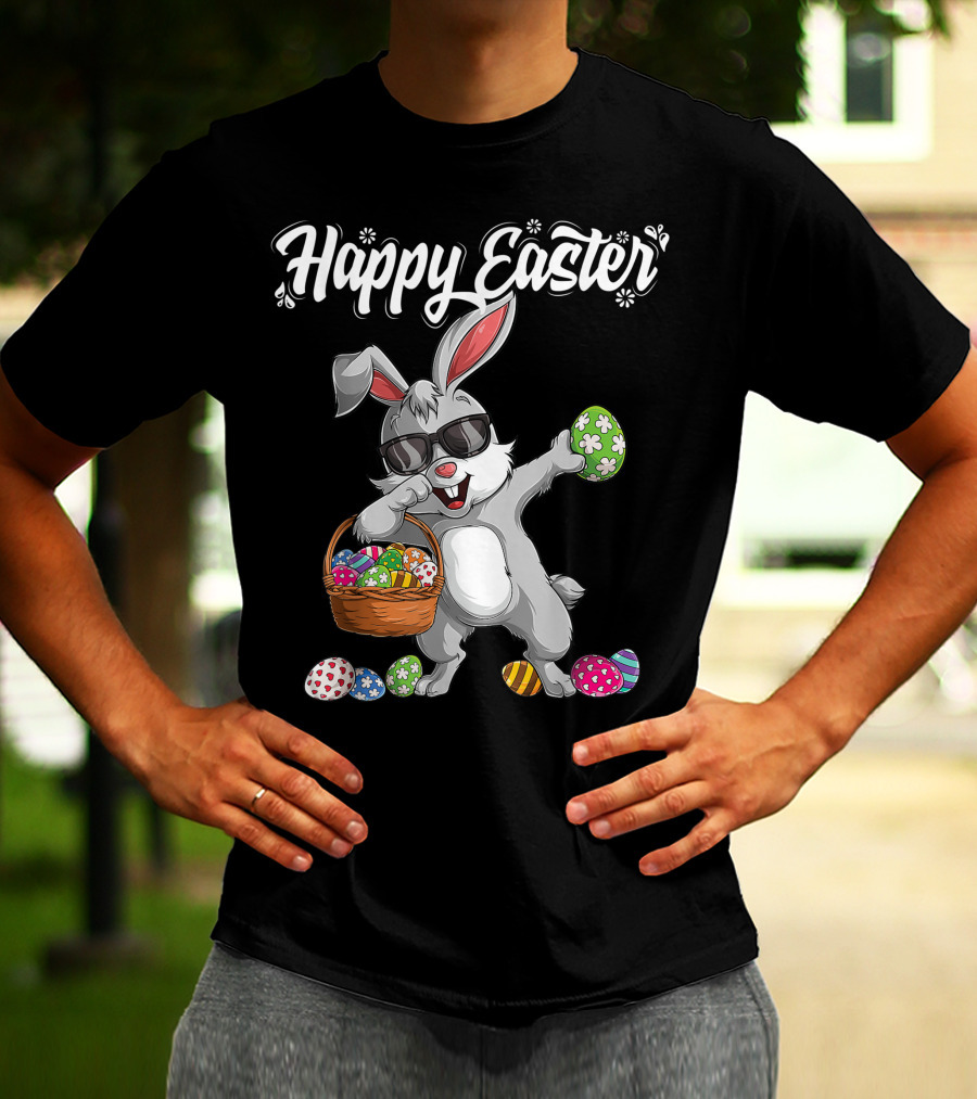 Happy Easter Dabbing Rabbit With Basket And Eggs T-Shirt